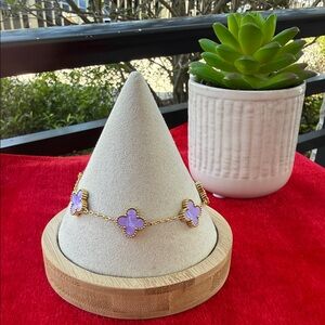 Gold Chain Bracelet with Lavender Clover Accents - Women Jewelry